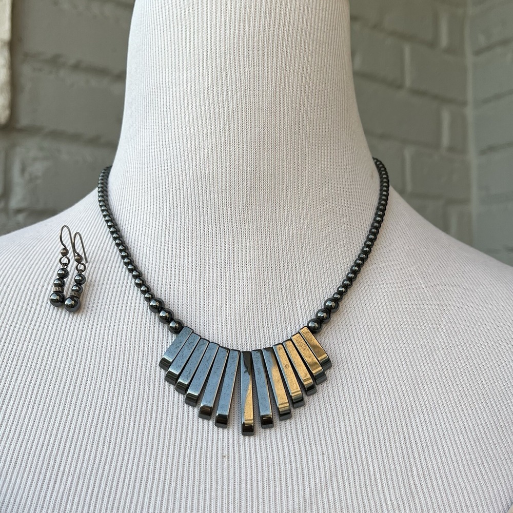 Vintage Hoco Statement Bib Fringe Necklace Earring Set Hematite Graphite Gothic